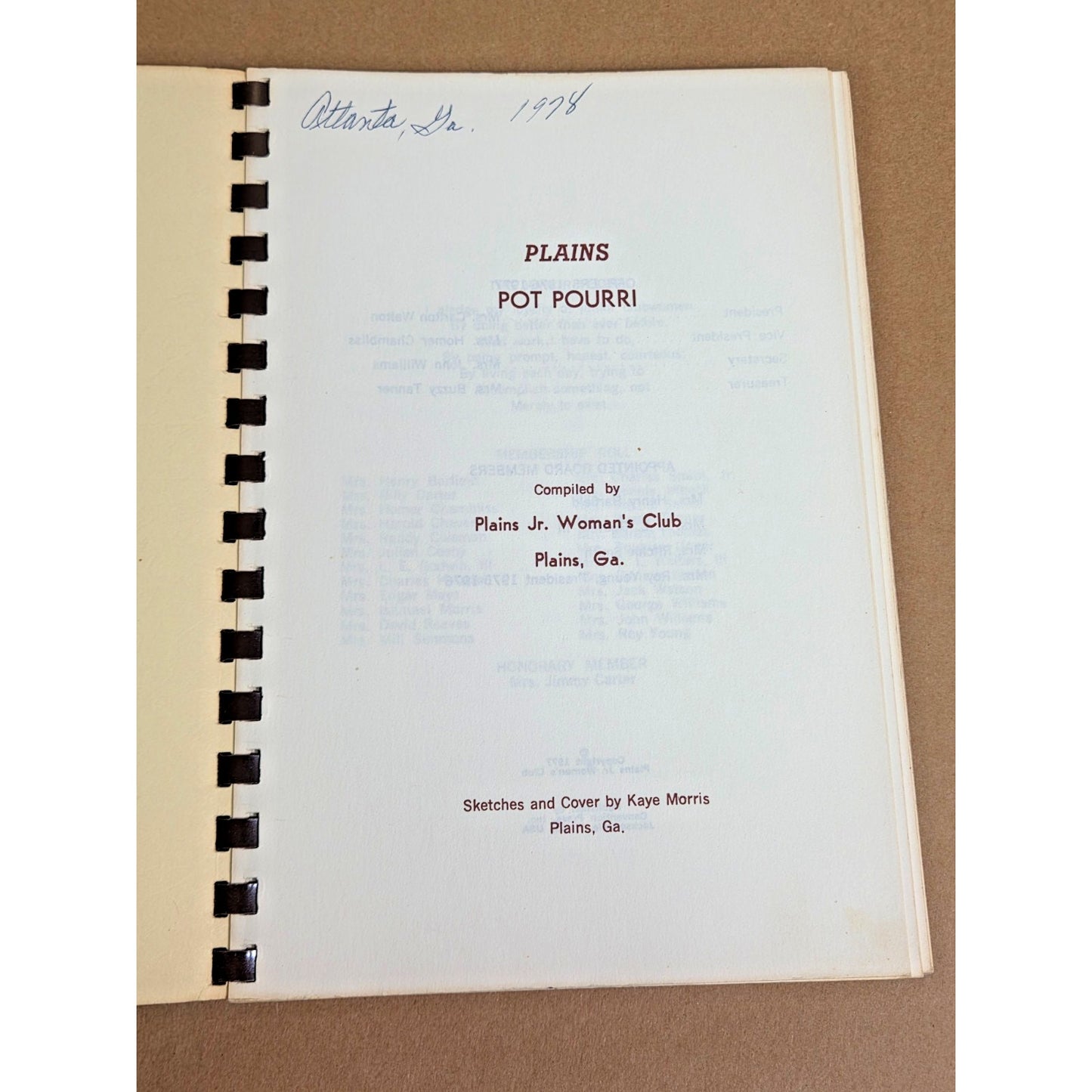 Vintage 1977 Plains Pot-Pourri Cookbook - Jimmy Carter Family Recipes Comb Bound