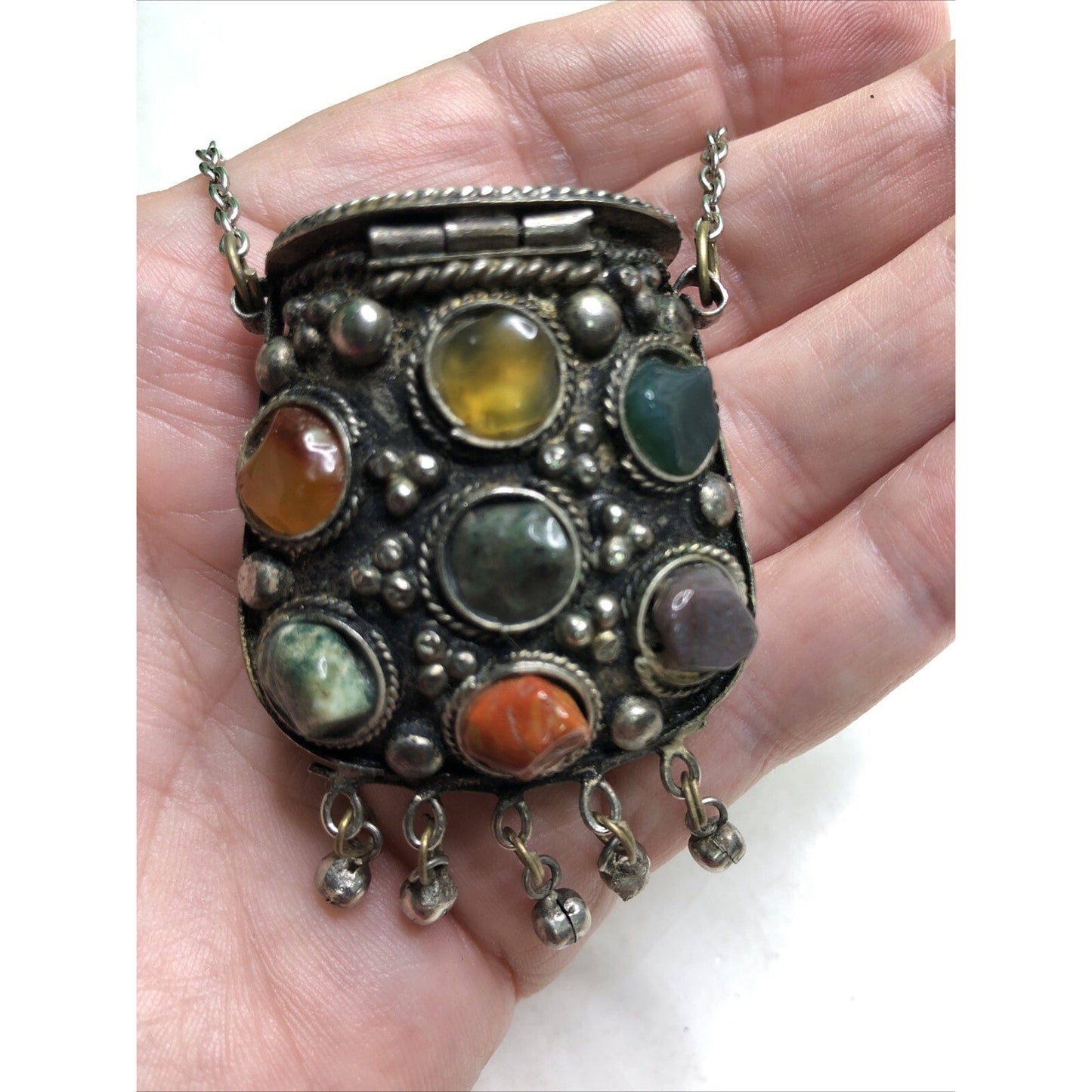 Vintage Sajai Metal Coin Purse Semi Precious Stones Kuchi Prayer Box Necklace
