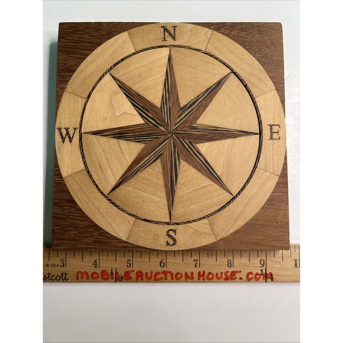 7” Square Wooden Nautical Compass Star Inlay Medallion Veneer