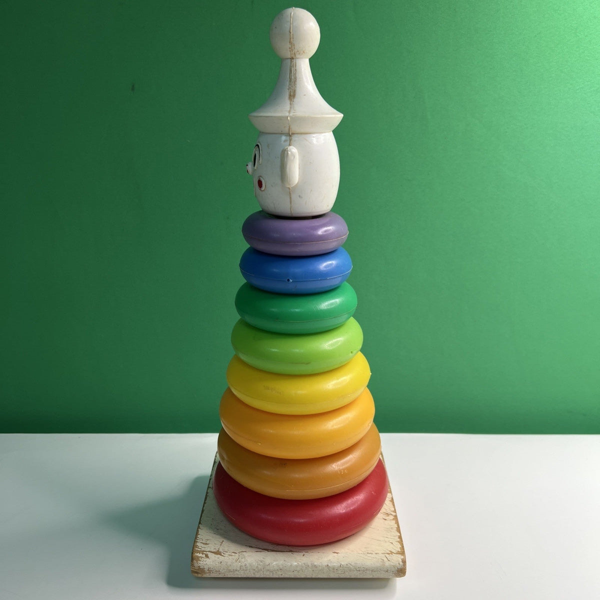 1960's a "Teach-A-Tot" Toy Wood Rocking Rainbow Stacking Plastic Donuts Clown