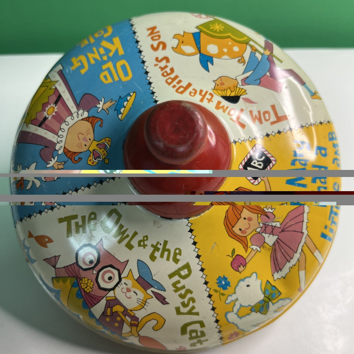 Vintage Tin Litho Chein Spinning Top Nursery Rhymes Mary Lamb Owl Pussy Cat King