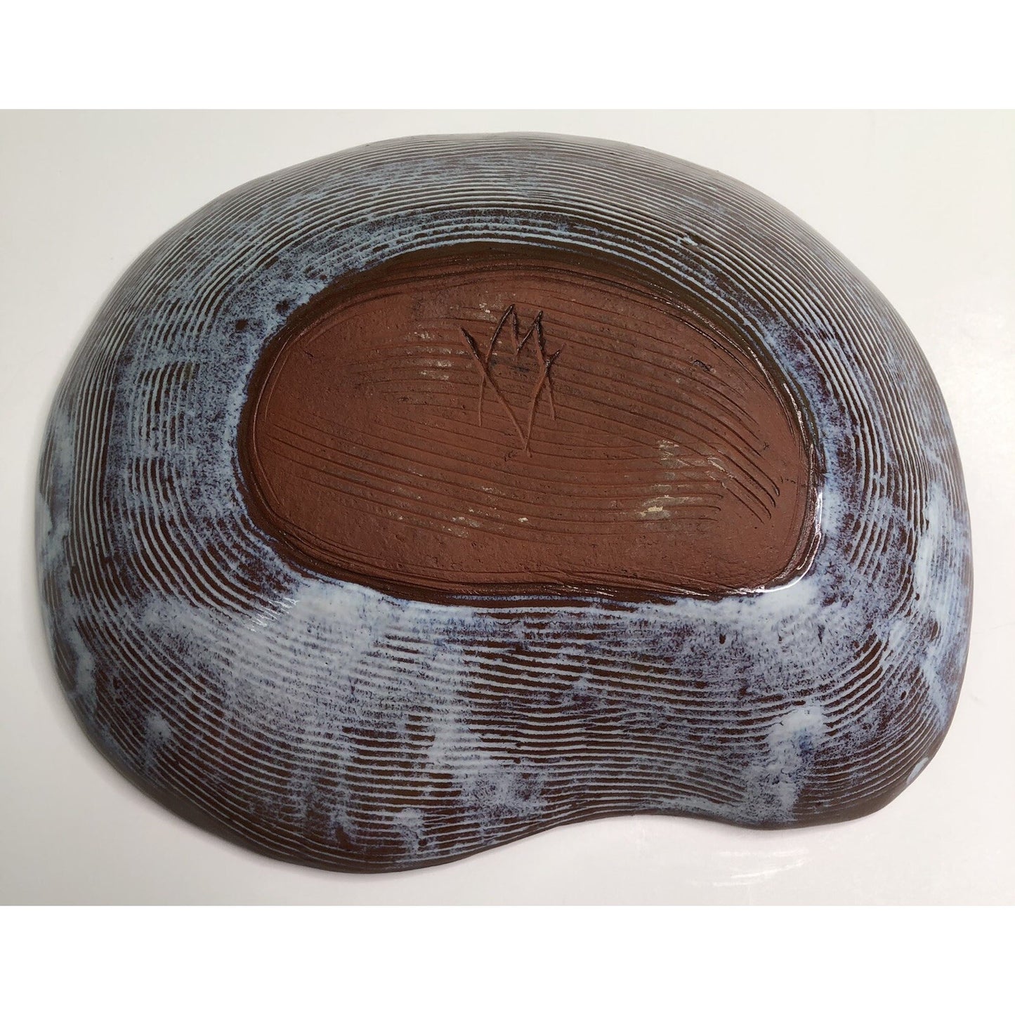 Vintage MCM Freeform DISH Bowl Studio Art Pottery w/ BIRD Blue Glaze Signed M V