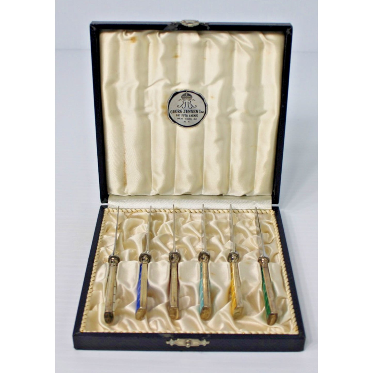 Sterling Silver Enamel Knives, Raadvad Denmark Boxed Set of 6 Art Deco Fruit Set