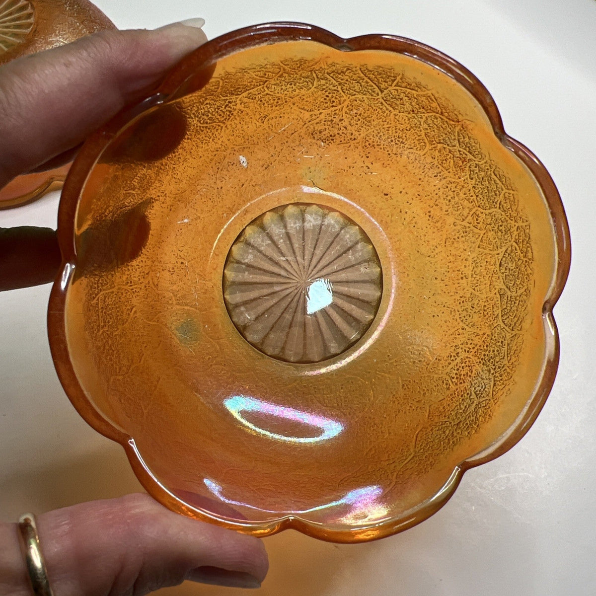 Pair Vintage Jeanette Marigold Iridescent Berry Bowls Crackle Carnival Glass 4"