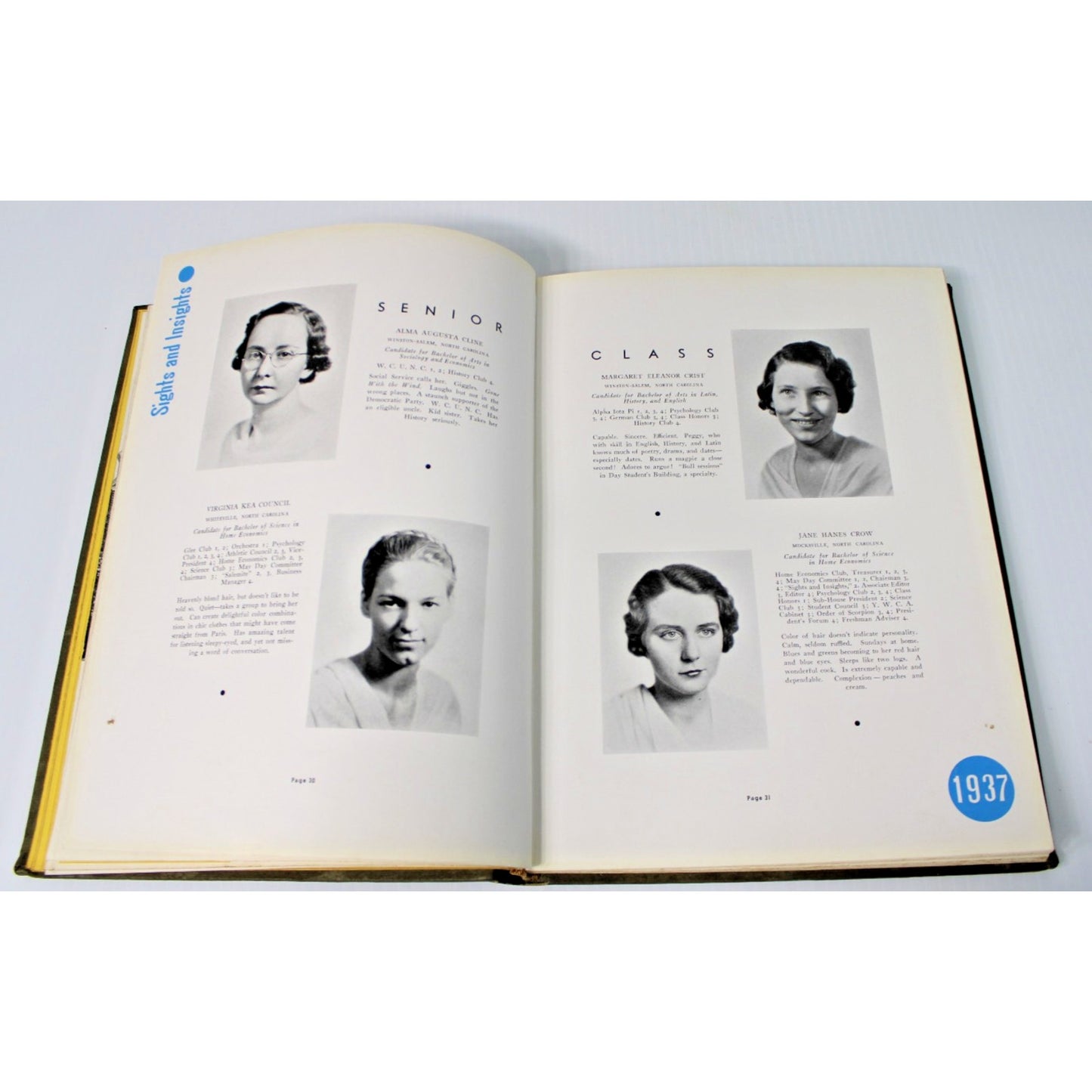 Vintage 1937 Salem Womens College "Sights & Insights" Yearbook Winston-Salem NC