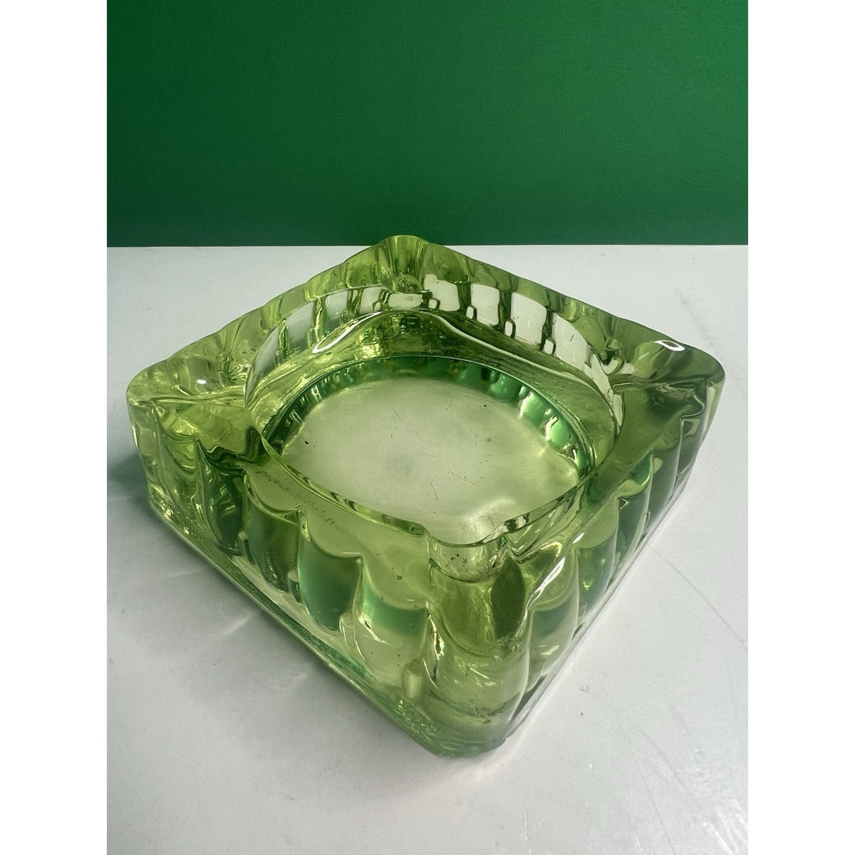 Vintage 4x4 Uranium Glass Ashtray Heavy Depression Green Glows Bright Tobacciano