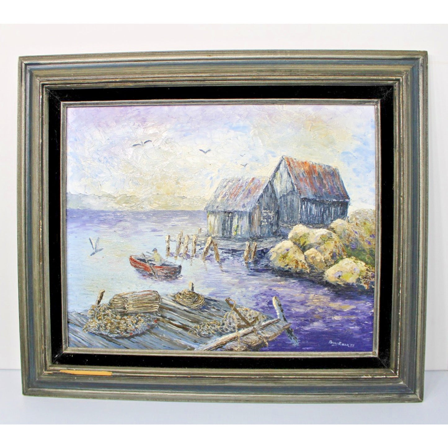 Seaside Oil Painting, Heavy Impasto, Painterly Coastal Scene, Framed 23"x27"