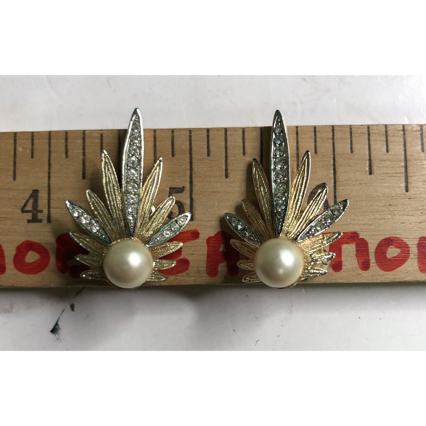 MCM Starburst Brooch Pin & Clip On Earrings Set Faux Pearl Rhinestone Stardust