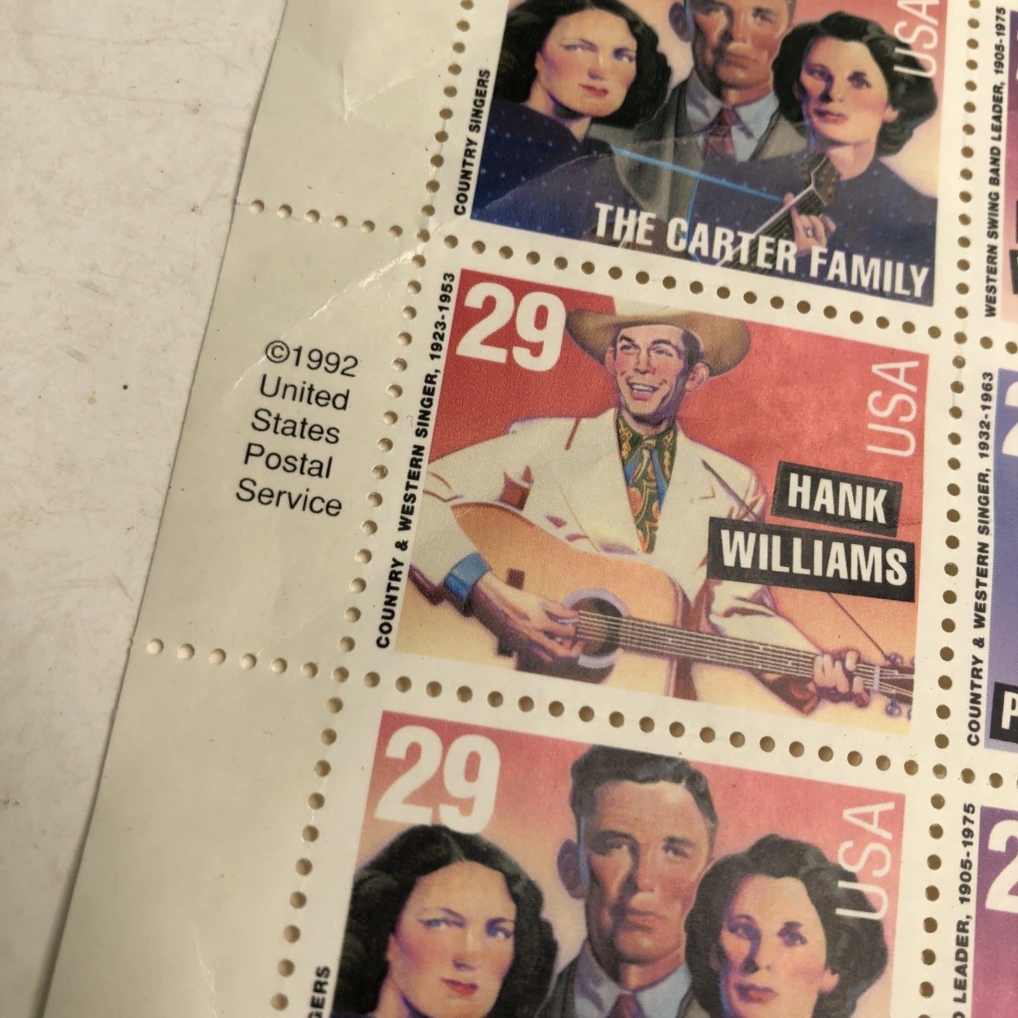 US Postage Stamps Country & Western Sheet of 20 1992 29 Cents Patsy Cline Hank