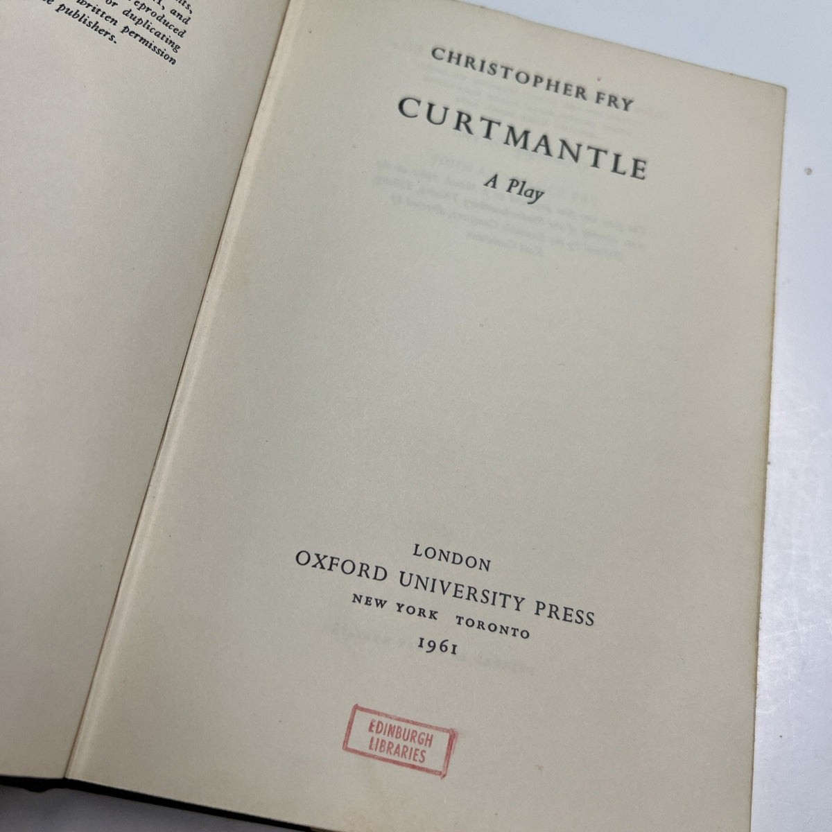 Curtmantle: A Play by Christopher Fry 1961 HC 1st Edition Ex Library