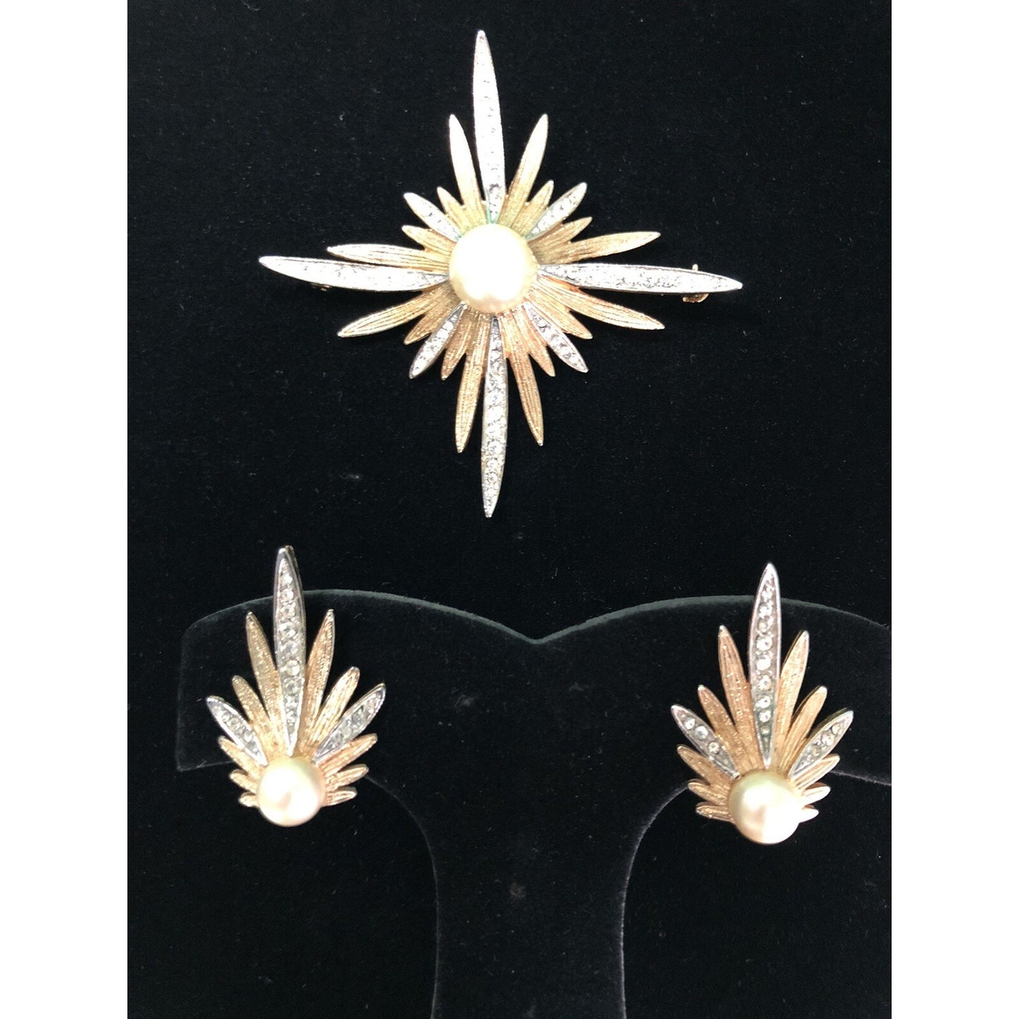 MCM Starburst Brooch Pin & Clip On Earrings Set Faux Pearl Rhinestone Stardust