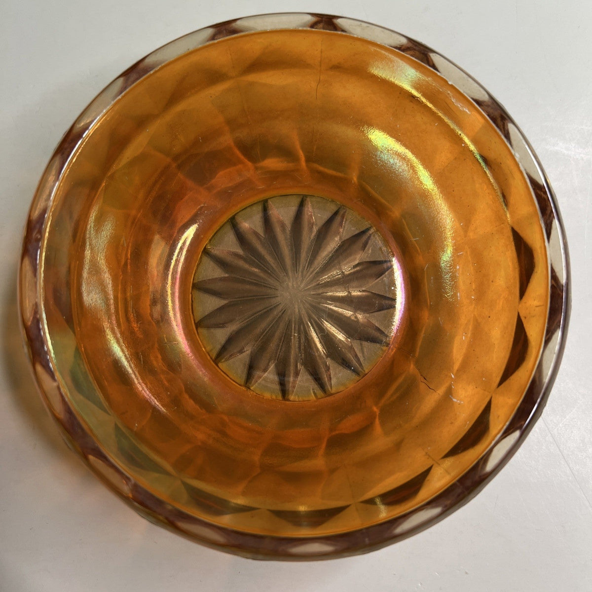 Marigold Carnival Glass 4” Berry Bowl With Block Design Clear Starburst Bottom