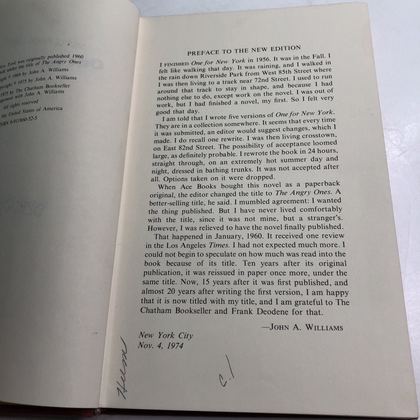 One for New York by John A. Williams 1975 HC REISSUE EX-LIBRARY