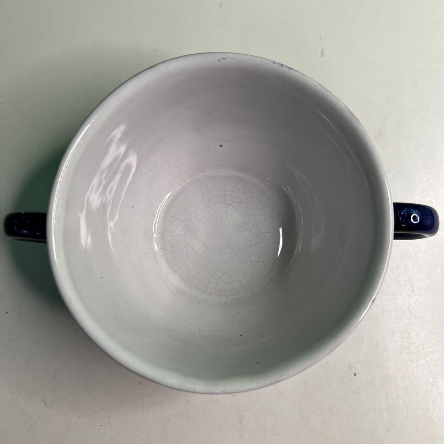 Vintage Stoneware Double Handle Blue & White Floral Hand Painted SOUP BOWL