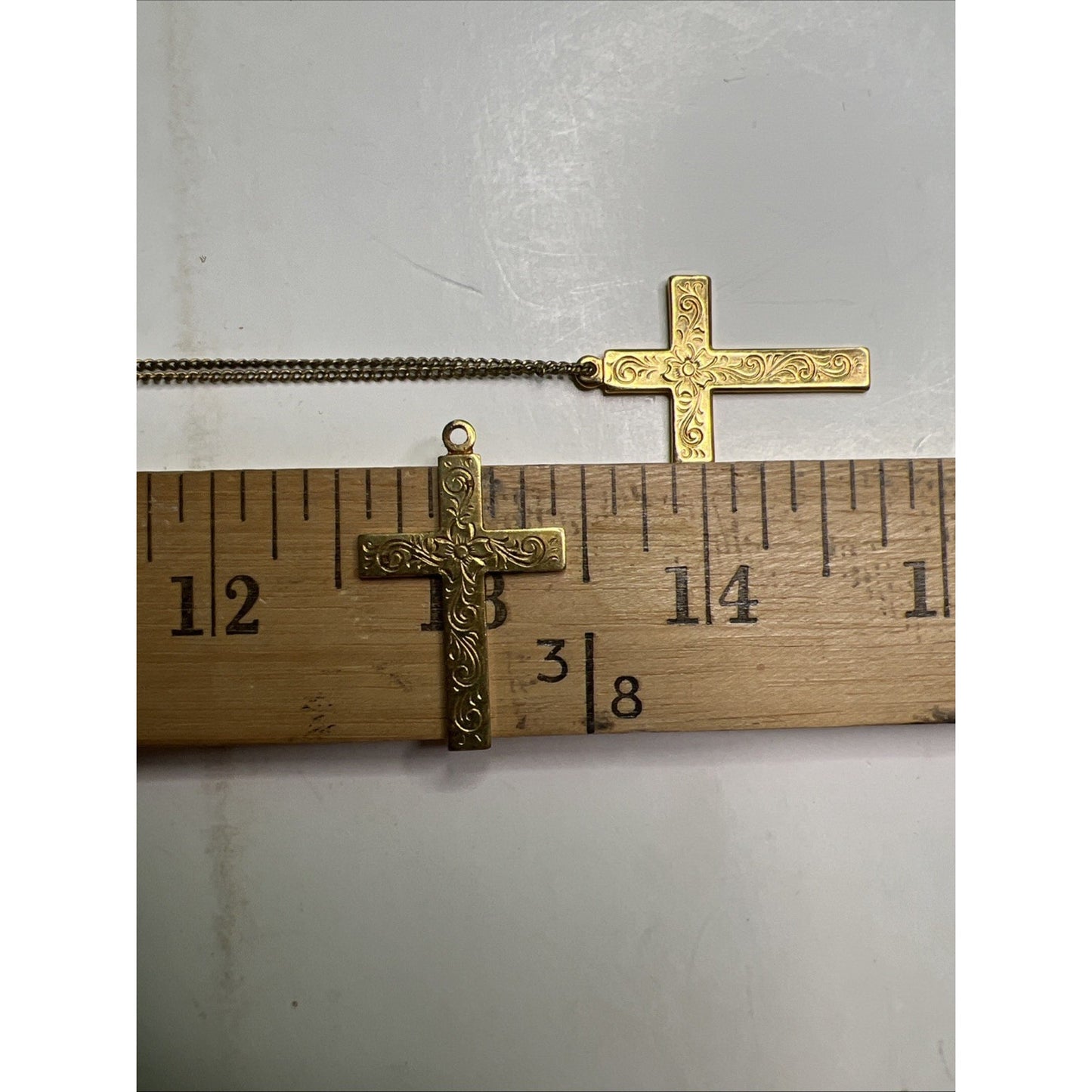 Vintage Boxed Set Two Gold Toned Etched Cross Pendants With One Chain