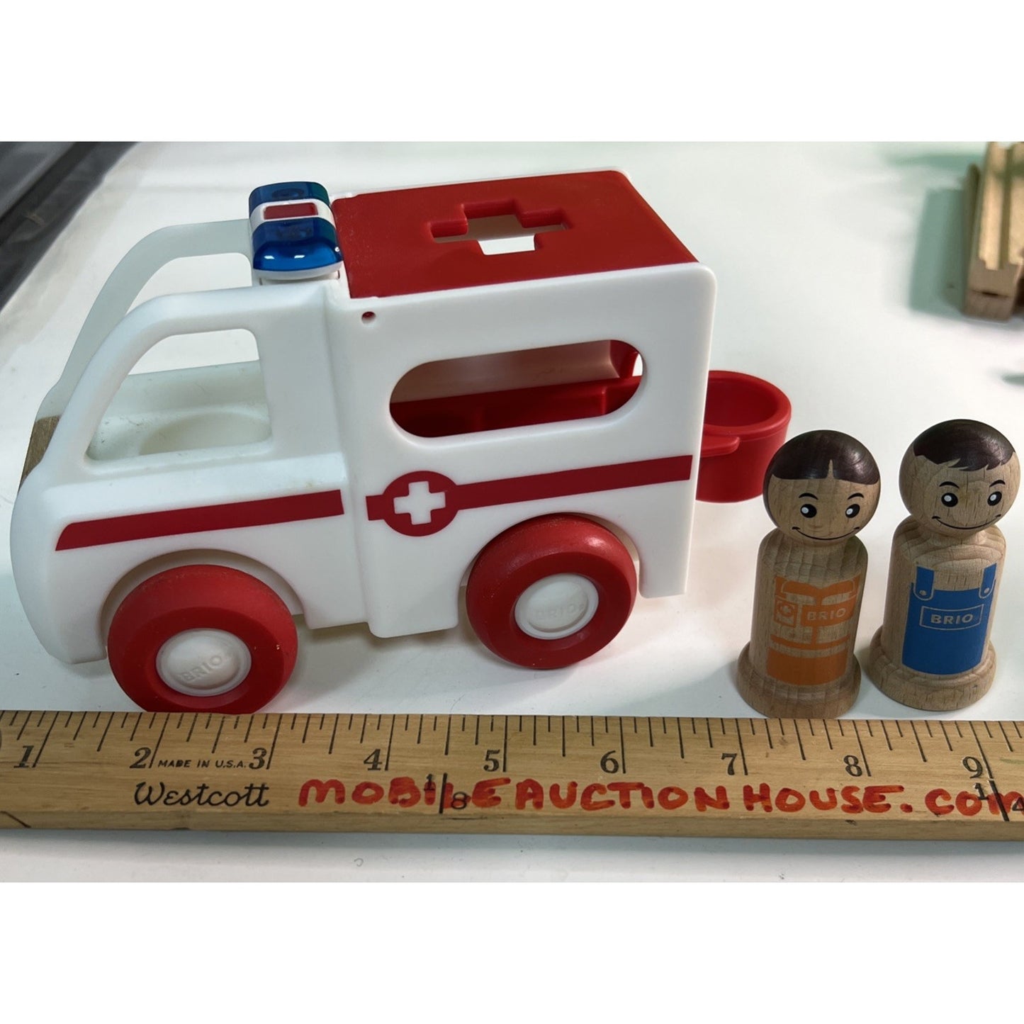 Brio Plastic Red and White Emergency Ambulance Toy Vehicle With Wooden Figures