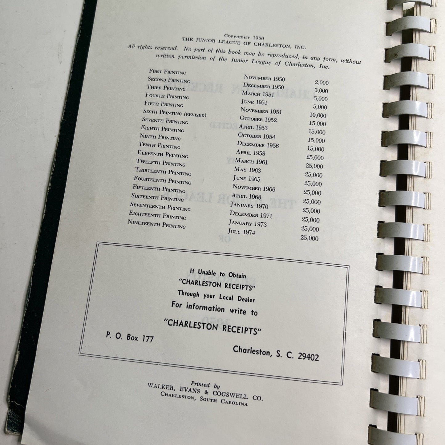 Charleston Receipts by the Junior League 1950 19th Printing 1974 Cookbook