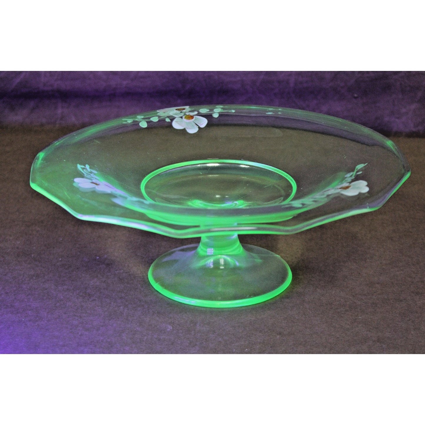 Vtg Bohemian Green Uranium Footed Wide Compote Dish Hand Painted Floral Design