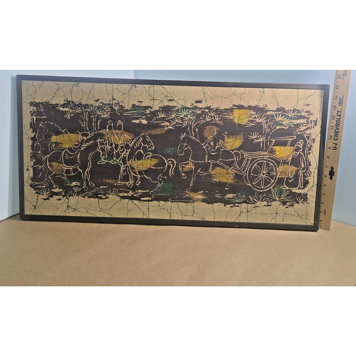 Vintage MCM Framed Batik Art "The Inspection Tour" Asian Horse Chariot 31"