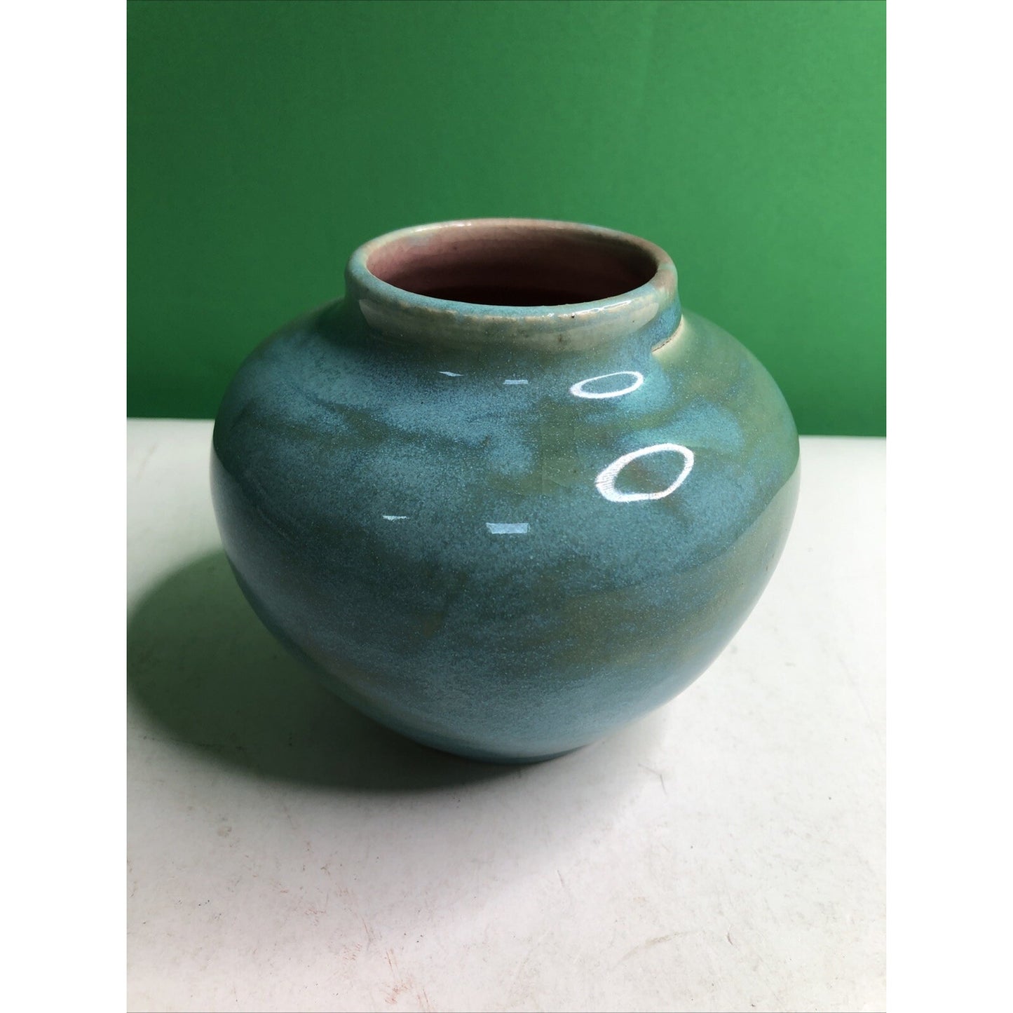 Vintage 1951 Stephen NC Pottery Cabinet Vase Blue Green Glaze Pink Interior