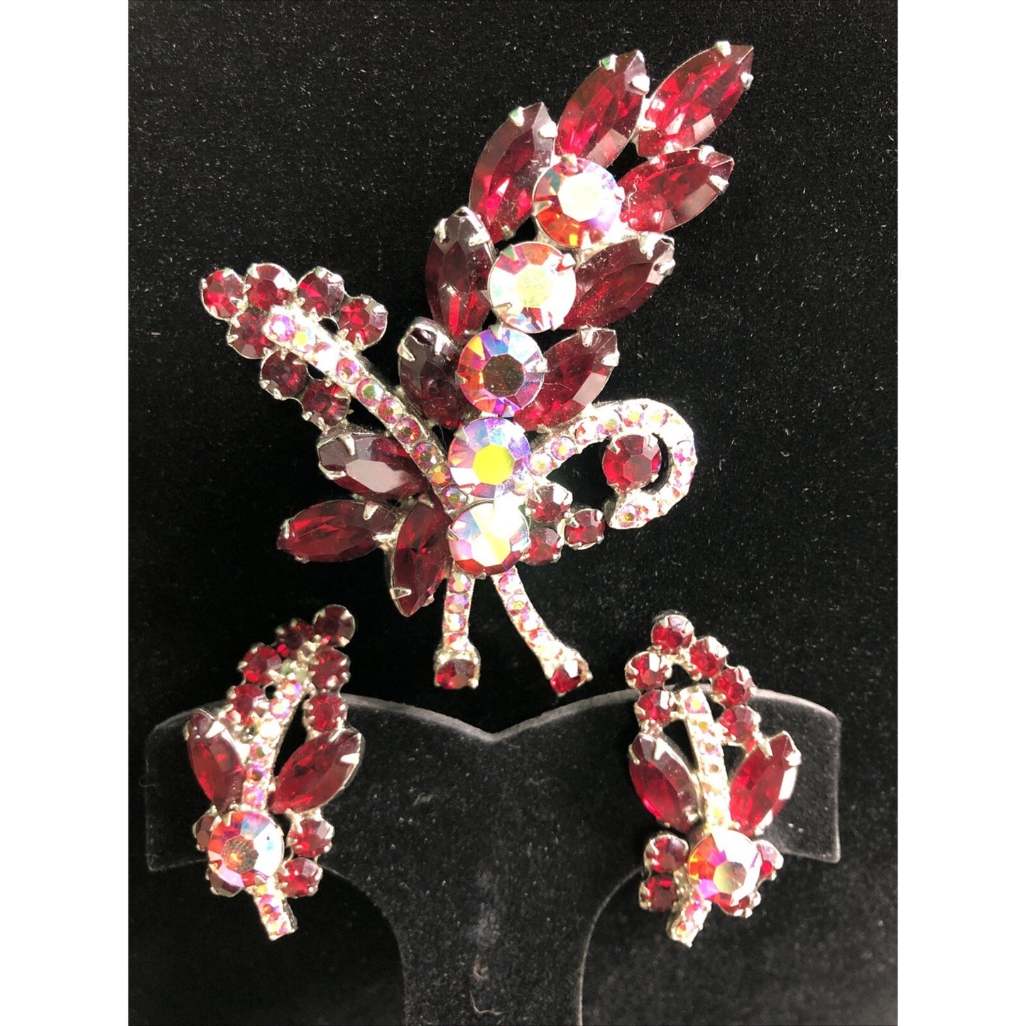 Vintage Rhinestone Brooch & Clip On Earring Set Red