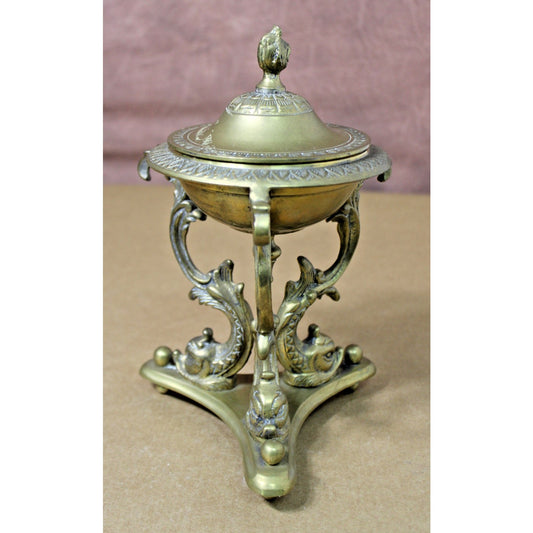 French Empire 9.5-Inch Tall Brass Lidded Bowl on Dolphin Pedestal, Gorgeous!