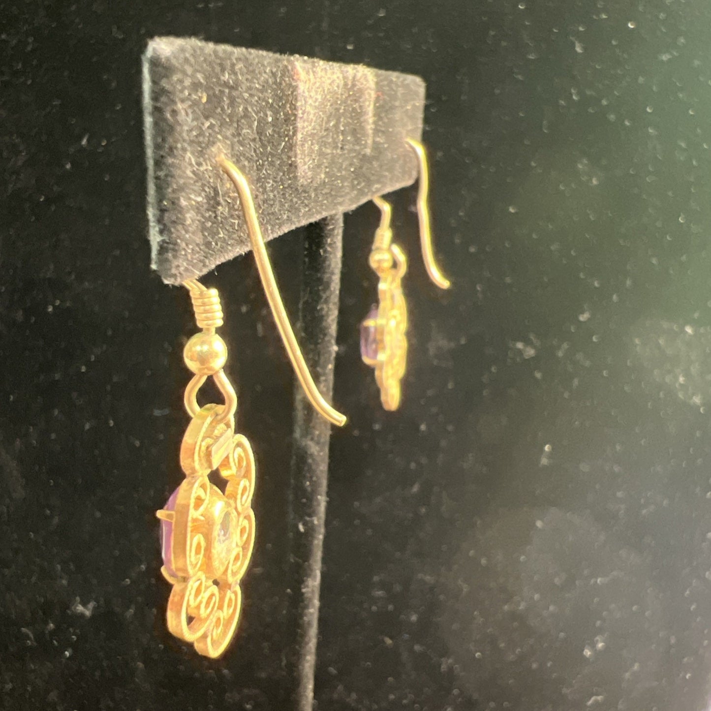 Vintage Artisan Gold Tone Purple Stone Hook Dangle Earrings French Wire