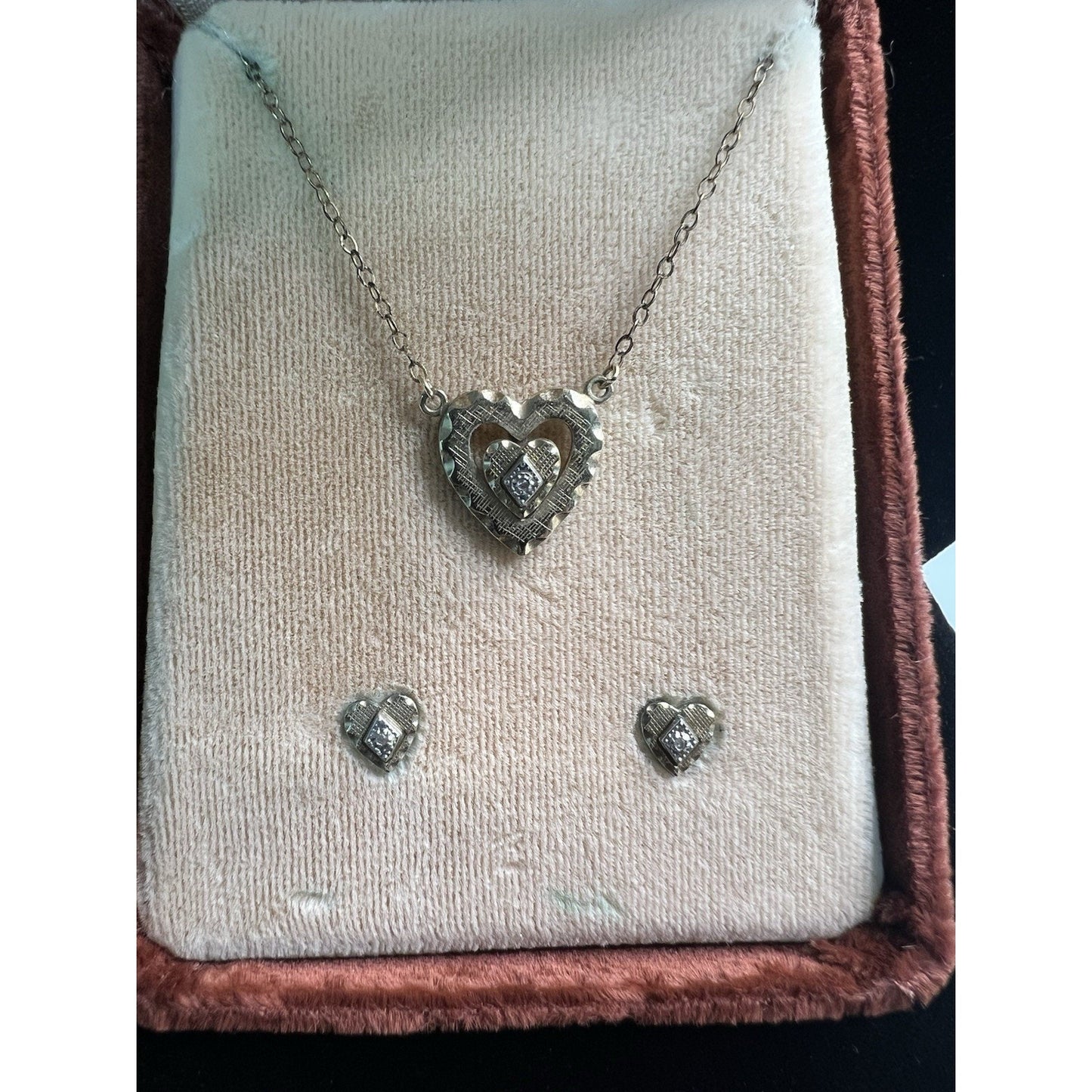 Vintage 14K Gold Filled Hearts With Clear Stones Necklace & Earrings Boxed Set