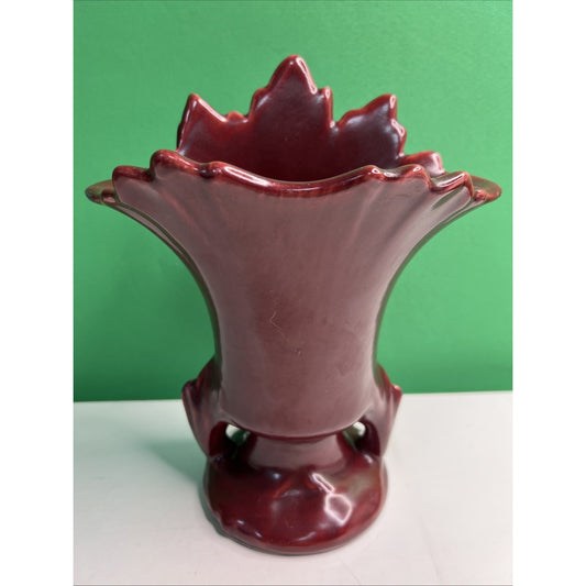 Vintage 1940's Burgundy Maroon Camark Suspended Leaf Design Vase #807 9” Tall