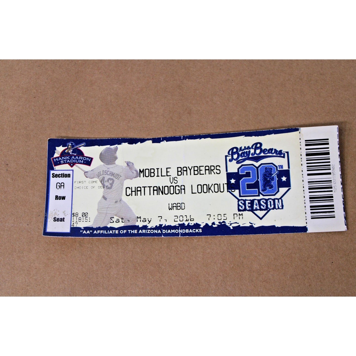 Mobile Baybears/ Chattanooga Lookout Ticket 2016 Hank Aaron Stadium Alabama