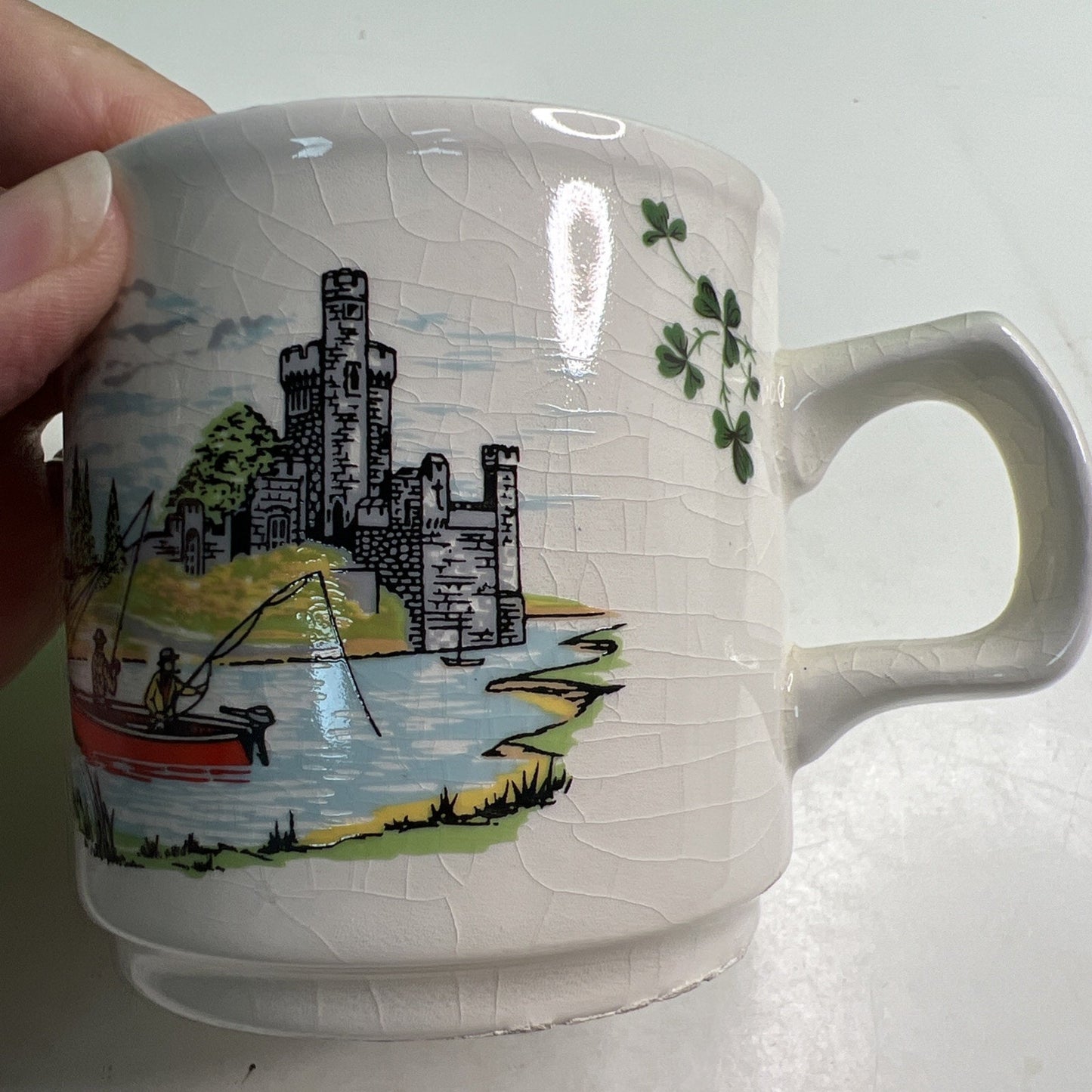 Vtg Carrigaline Pottery Irish Mug Cork Ireland Fisherman Scene Cup Crack Crazing