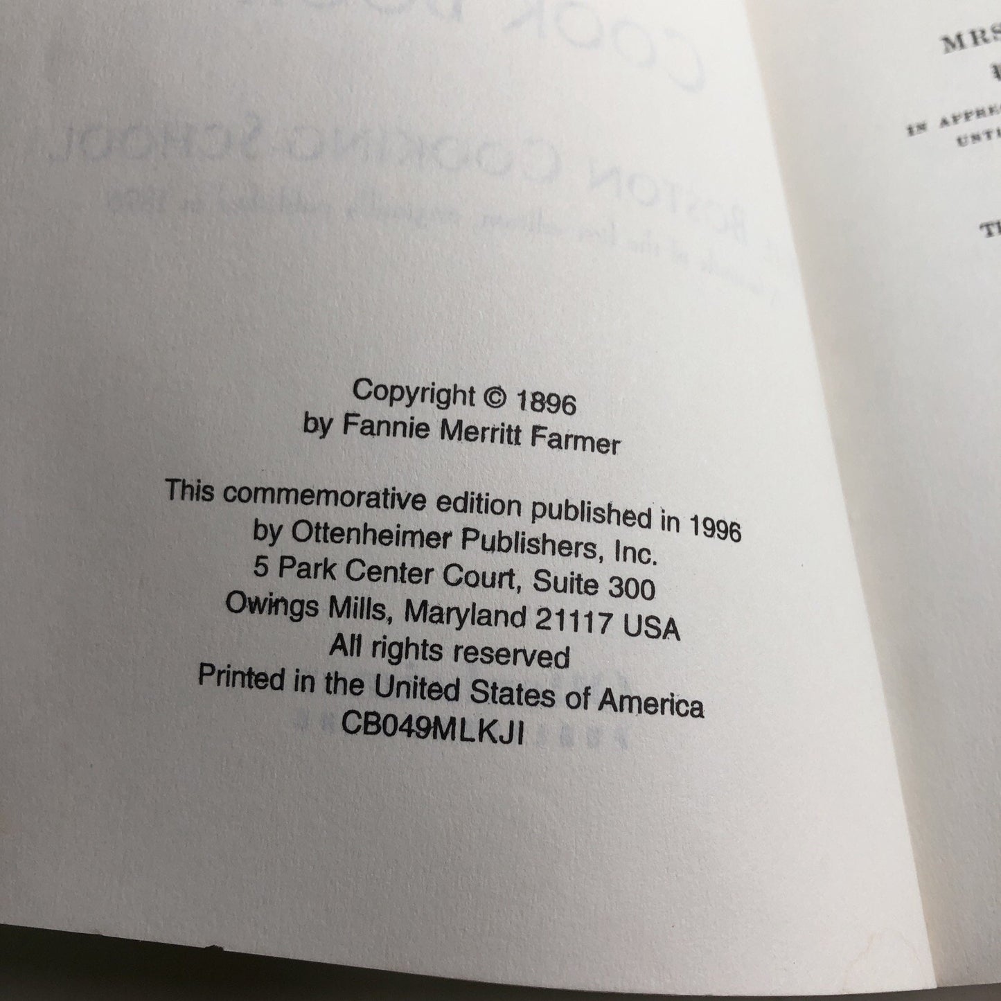 Fannie Farmer 1896 Cook Book Commemorative Edition 1996 Boston Cooking School