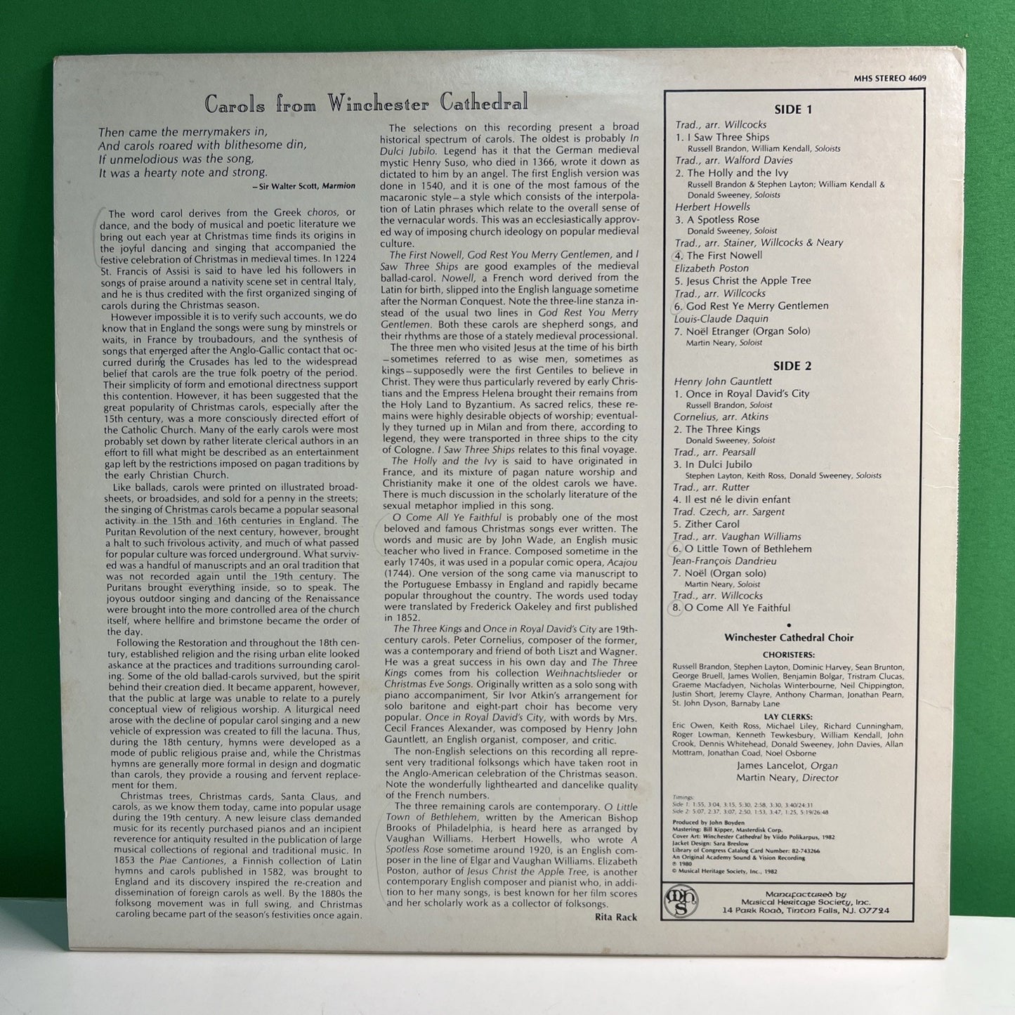 MHS 4609 Carols From Winchester Cathedral Choir 1982 LP Vinyl Record