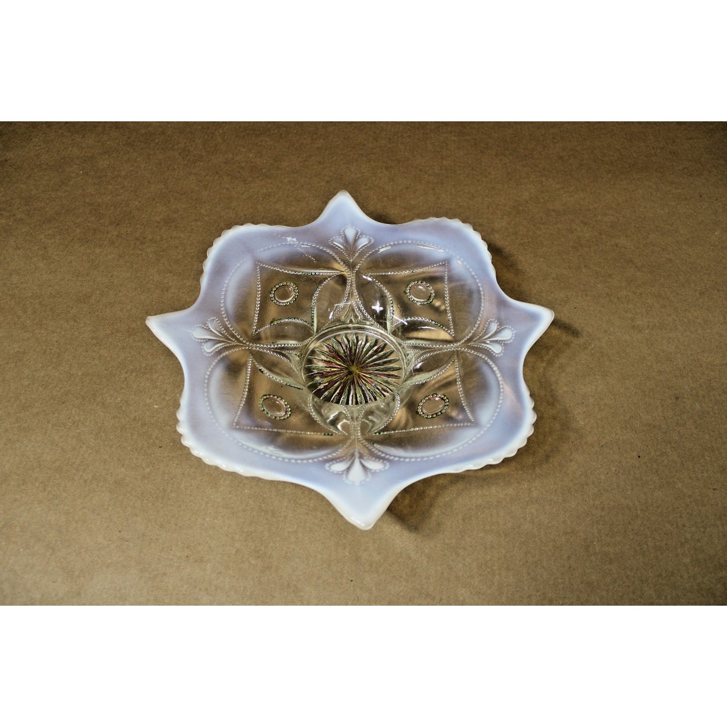 Antique Dugan Glass Opalescent White Wheel & Block Bowl c. 1905