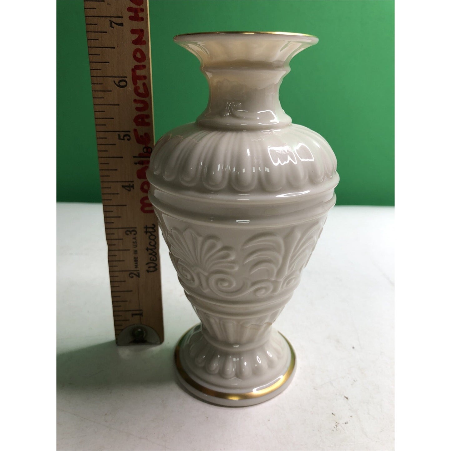 Vintage Lenox Vase Athenian Collection Embossed Floral Cream w/Gold Trim 7” Tall