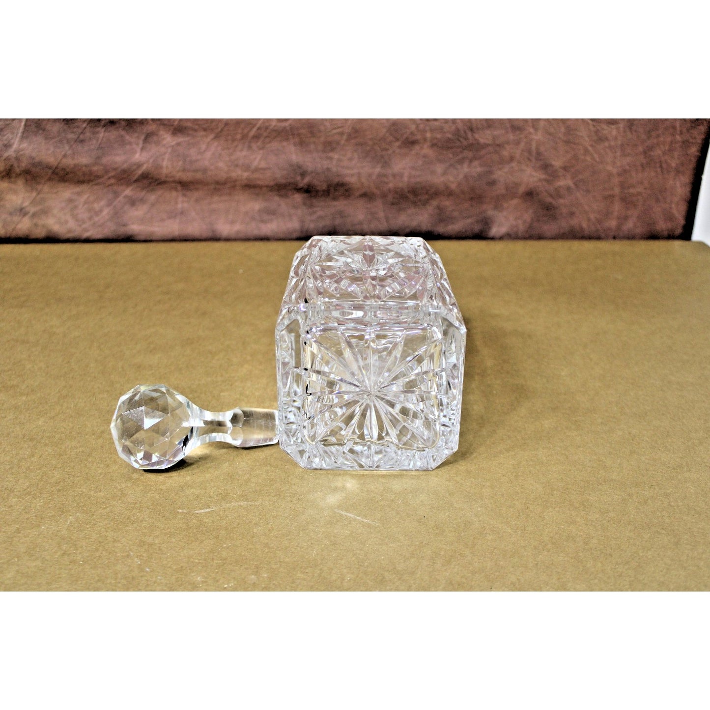 Vintage Lead Crystal Block Cut Glass Decanter Starburst Pattern Faceted Stopper
