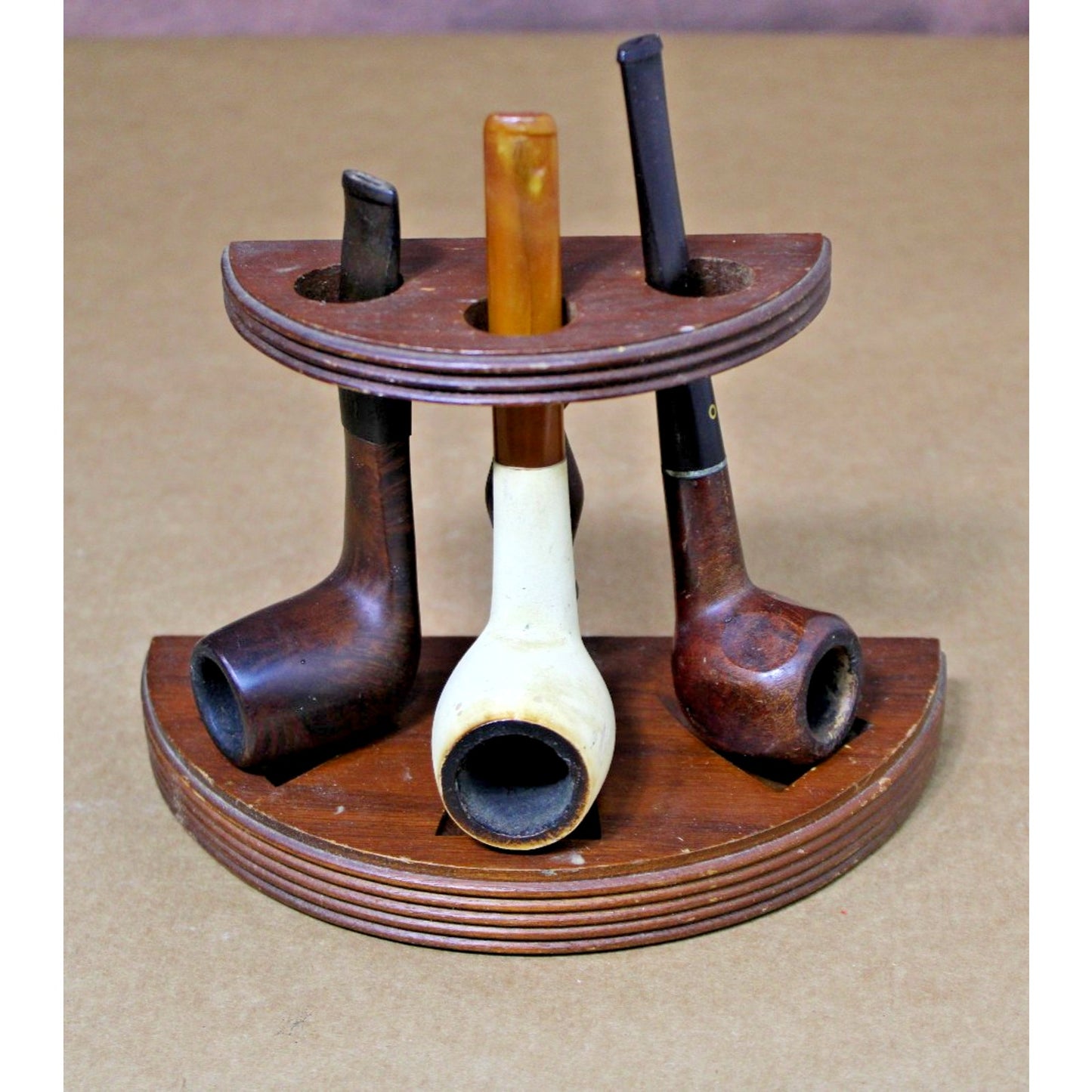 Vintage Pipe Rack + 3 Pipes, GBD London, Yello Bole, Mid-Century Bakelite Stem