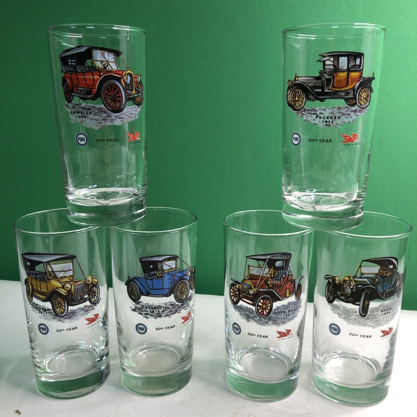 Set 6 Libbey PURE OIL COMPANY 50th Year GLASSES Tumblers Antique Classic Cars