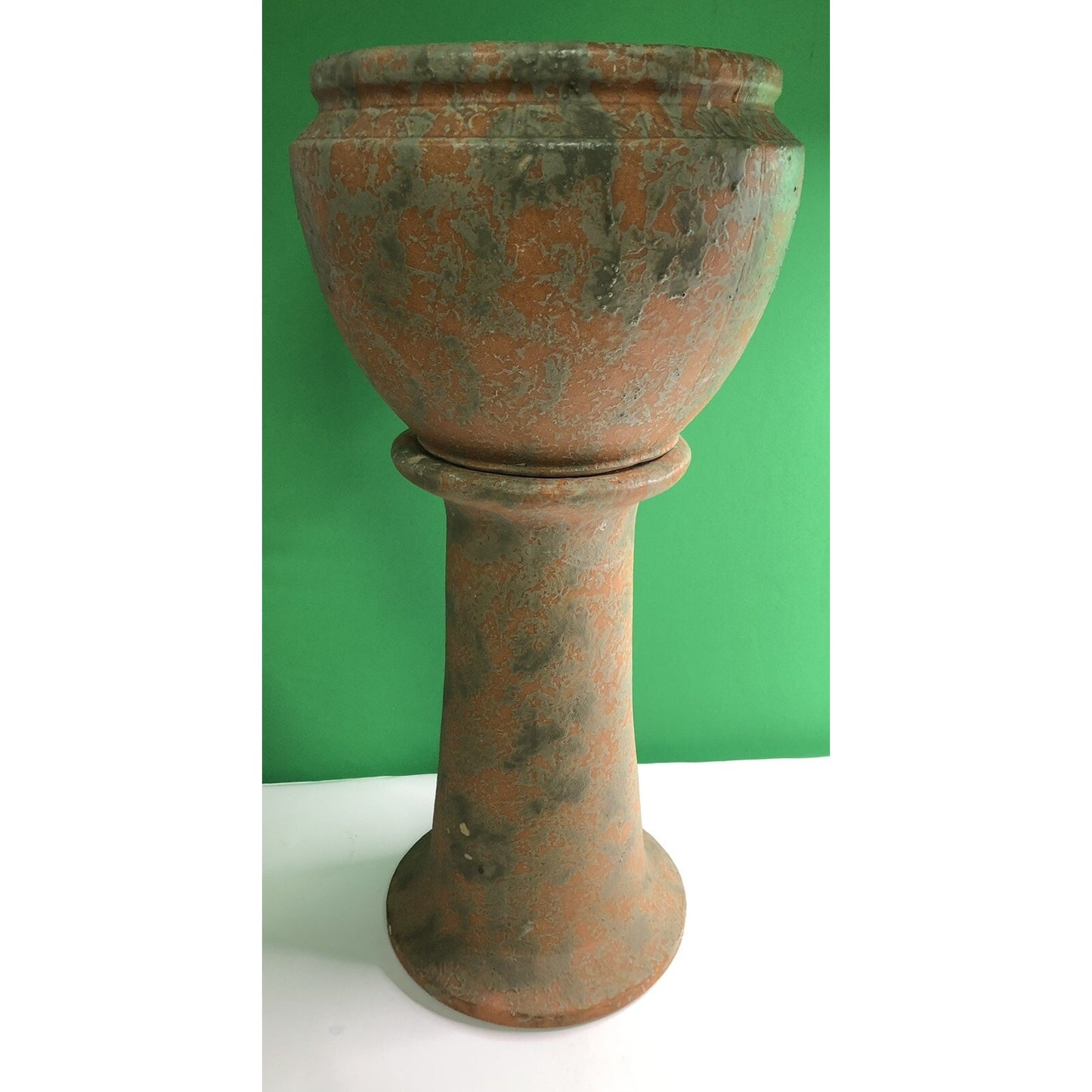 Vintage Burley Winter Large Jardiniere With Pedestal Mottled Orange & Green