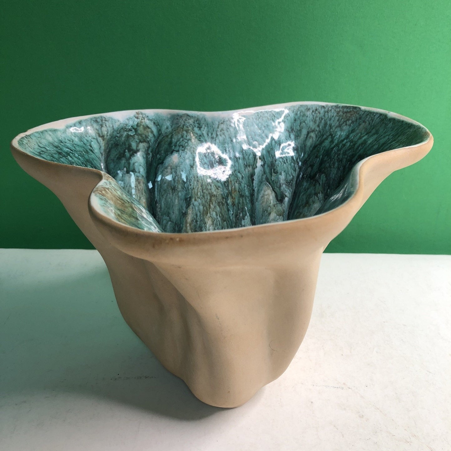SIGNED Hammat Original 403 Pottery Dish Blue Green Brown Biomorphic Design MCM