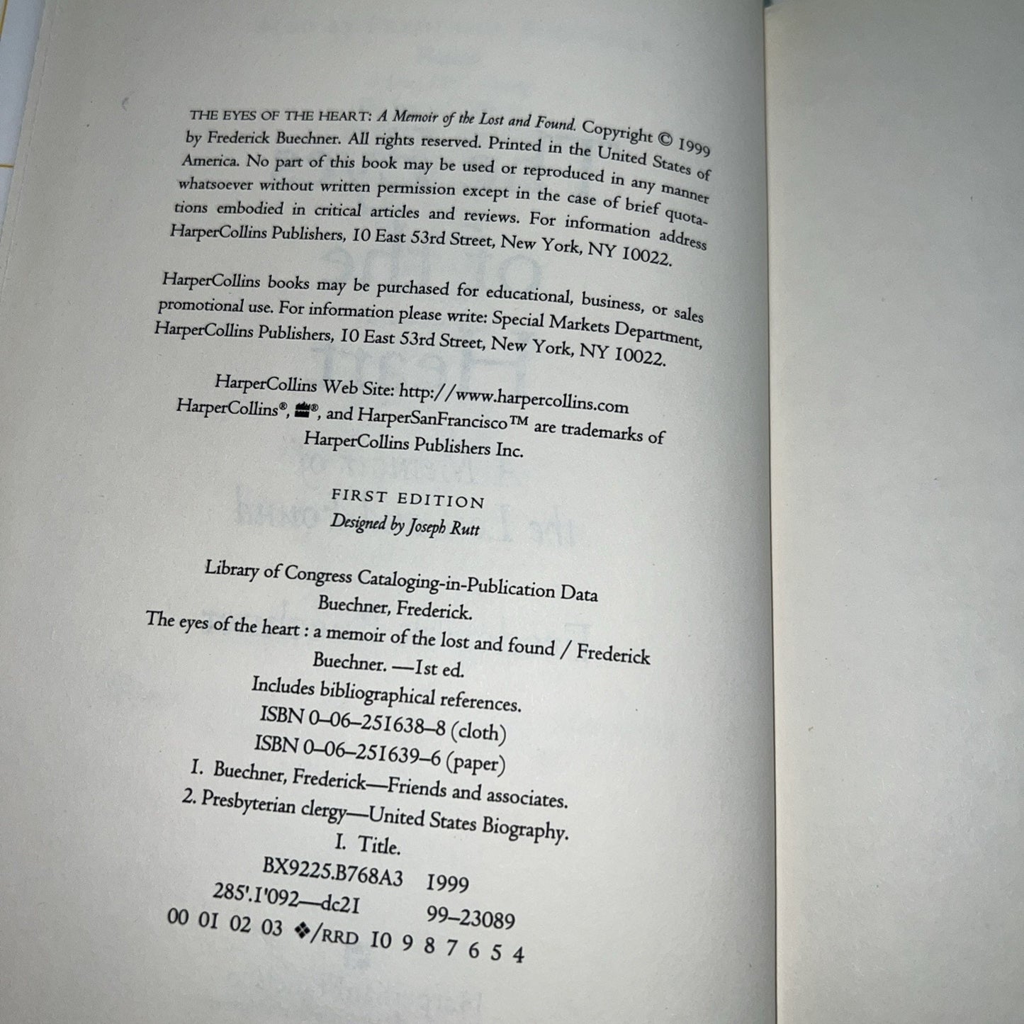 The Eyes of the Heart : A Memoir of Lost and Found Frederick Buechner 1999 HC DJ