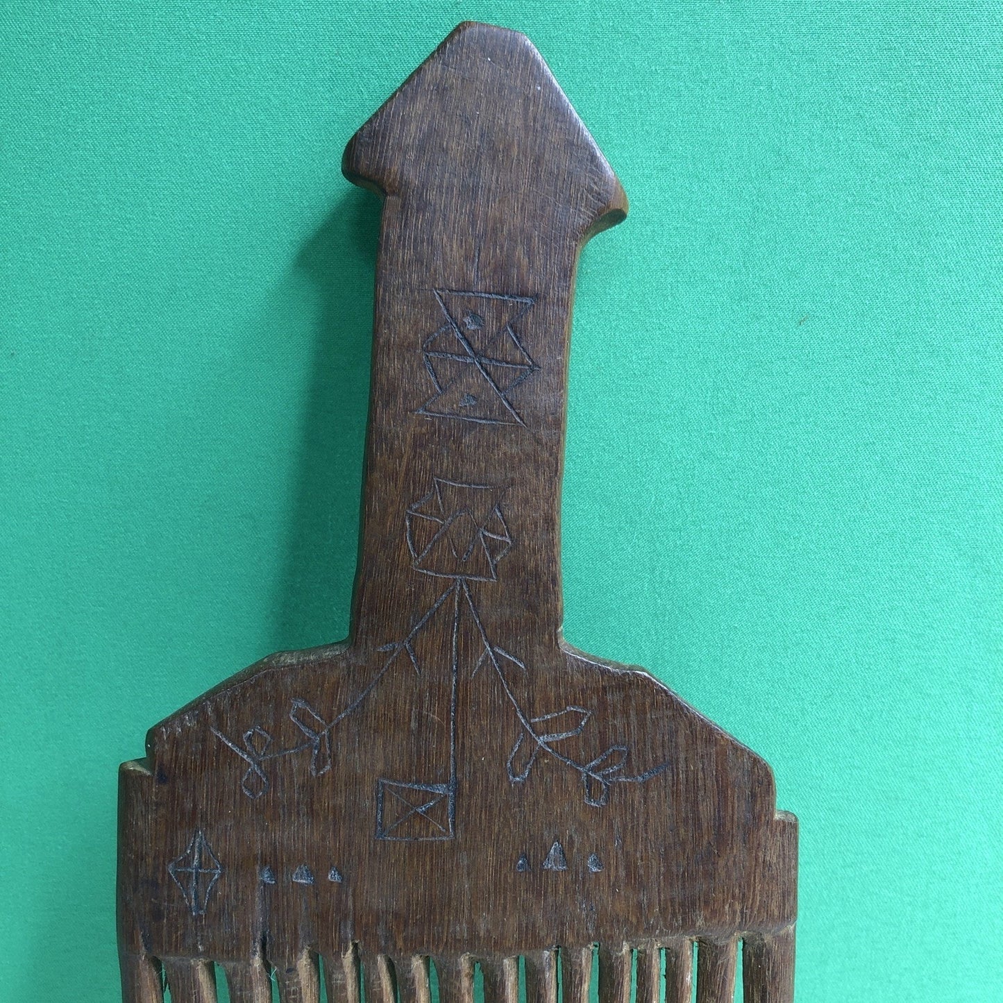 African Baule Tribe Wood Hair Pick Comb Hand Carved 10.25”