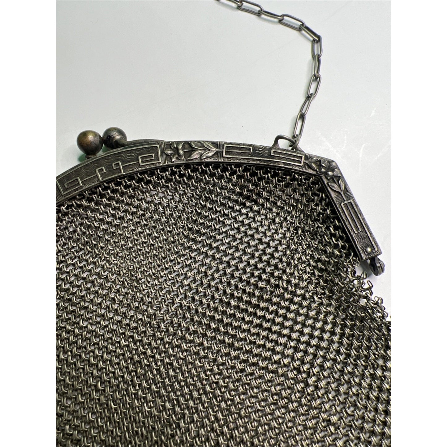 Rare Antique German Silver Chain Mesh Purse Handbag Kiss Closure Marked