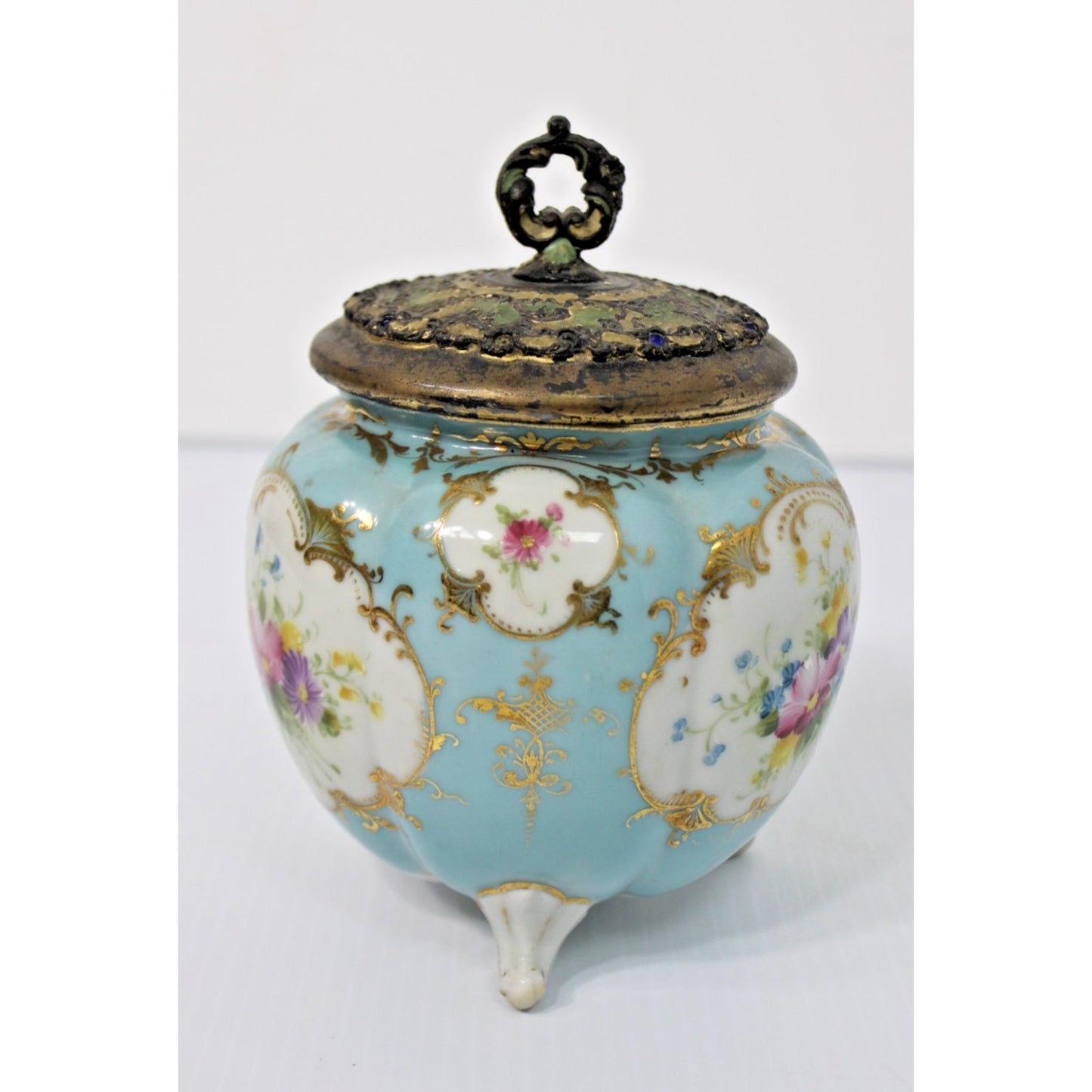 19th Century Antique Gilt Porcelain Tri-footed Biscuit Jar with Ormalu Lid
