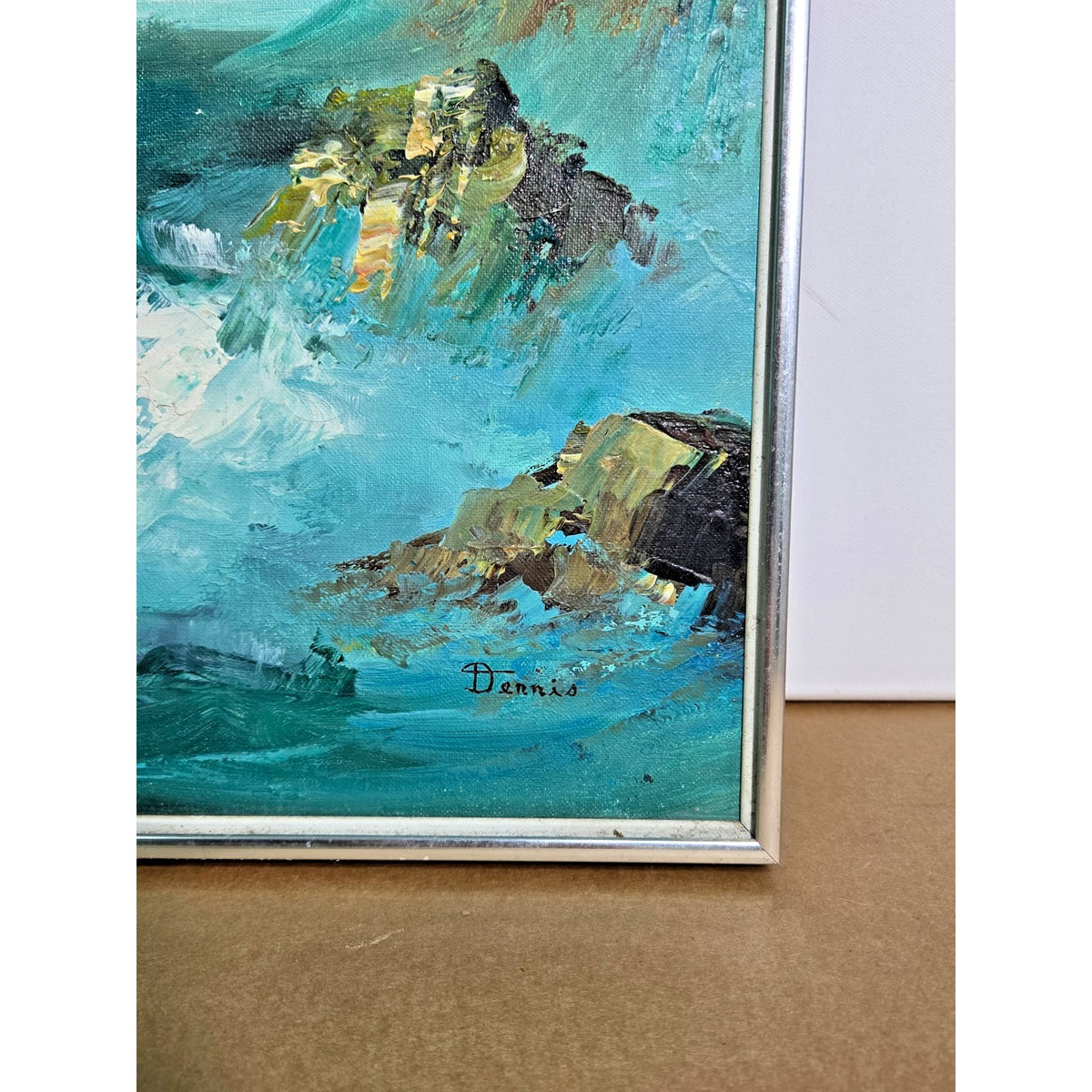 Vintage Impasto Seascape Painting Signed Dennis Mid-Century Silver Frame