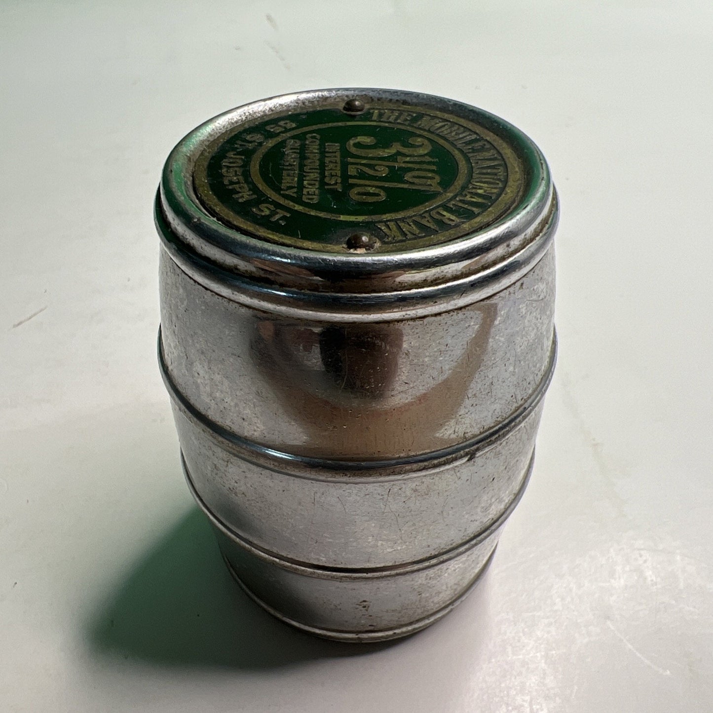 Vintage Advertising Mobile National Bank Chrome Barrel Bank No Key Alabama