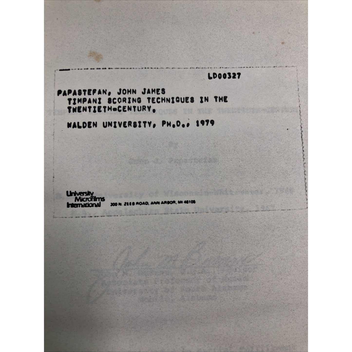 SIGNED Timpani Scoring Techniques In The Twentieth Century John James Papastefan