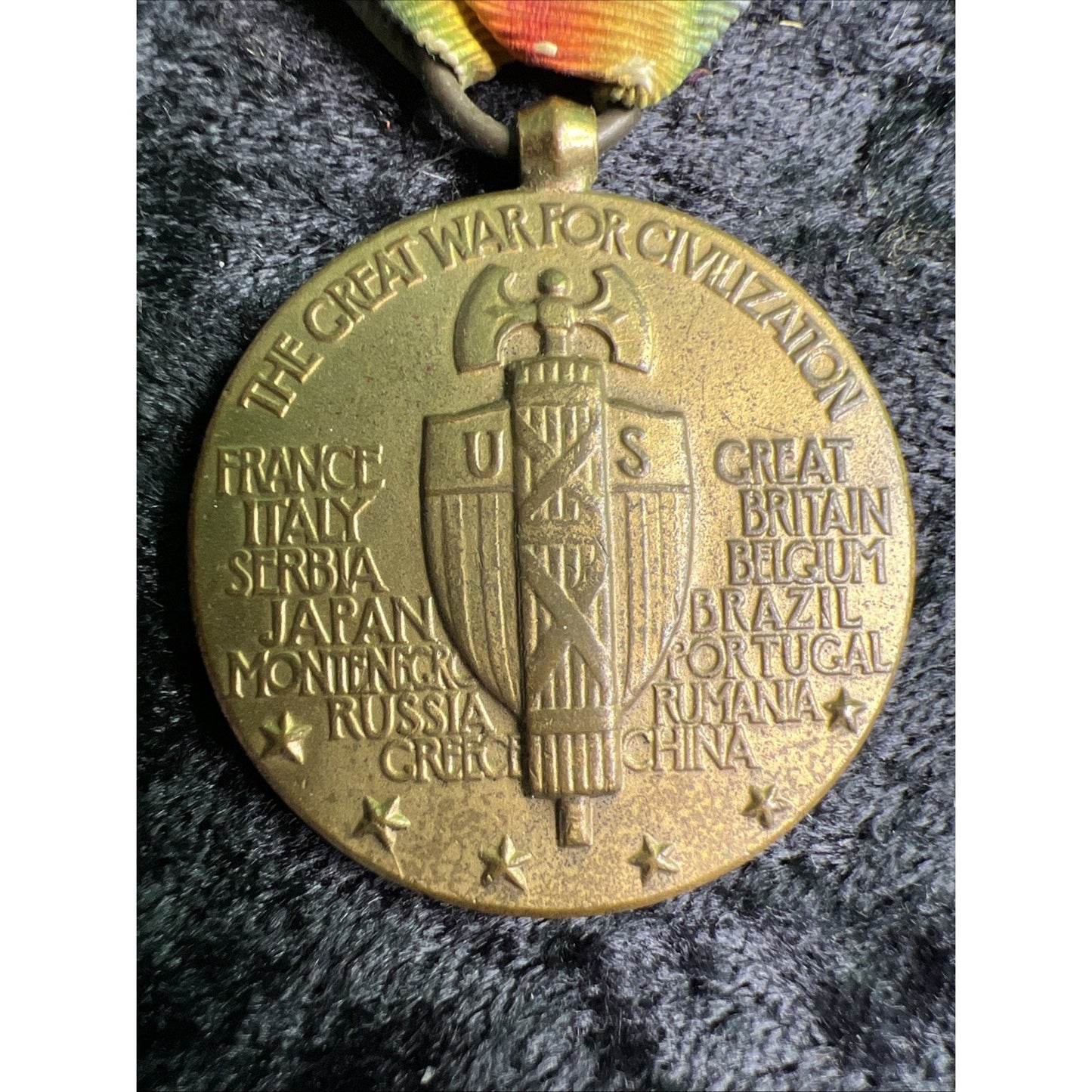 WW1 US Victory Medal Ribbon Pin "The Great War for Civilization" Original As Is