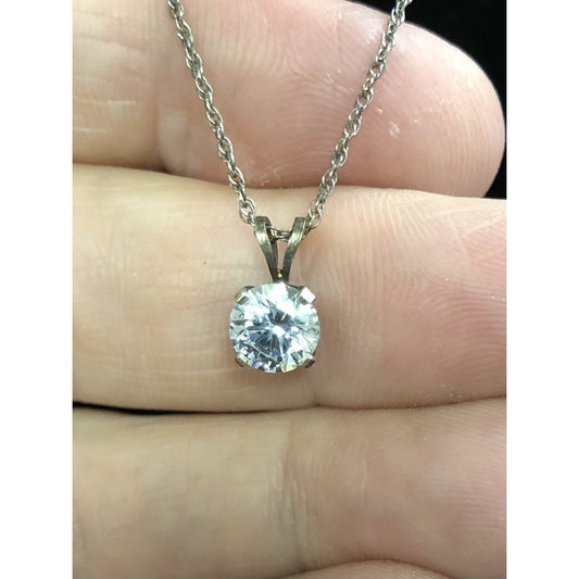 Vintage 18 Inch Sterling Chain Necklace Simulated Diamond Solitaire Pendant
