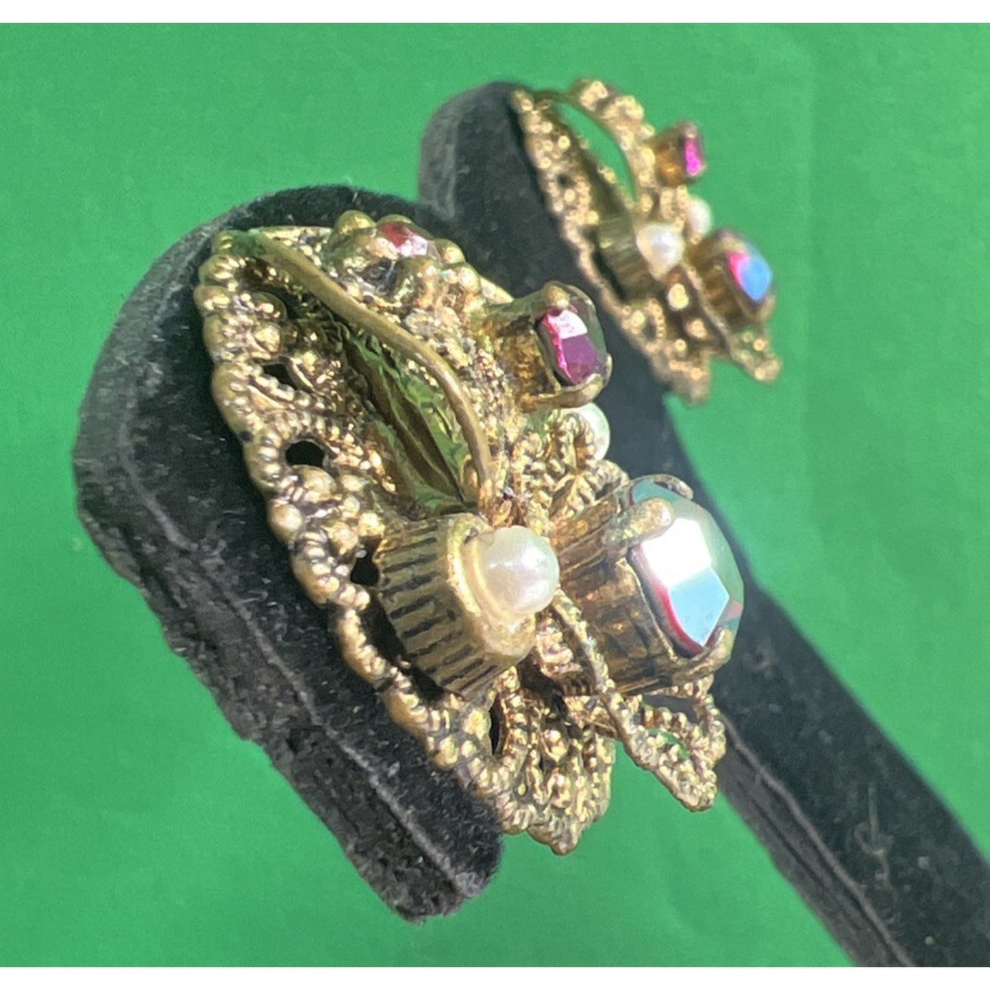 Antique Filigree West Germany Brass ClipOn Earrings w/ Faux Pearls & Rhinestones